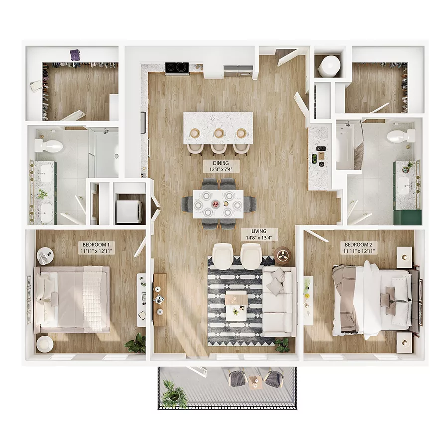 Rendering of the B5 floor plan with 2 bedroom[s] and 2 bathroom[s] at Peregrine Yardi