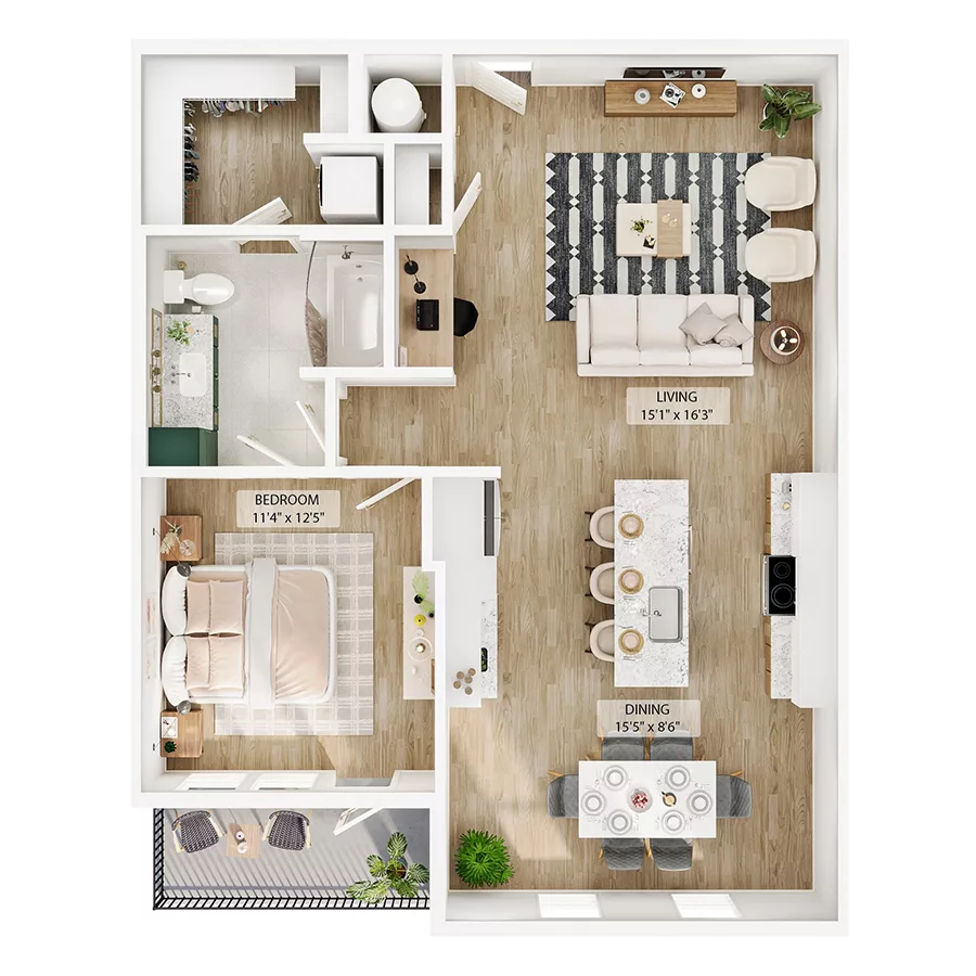 Rendering of the A11 floor plan with 1 bedroom[s] and 1 bathroom[s] at Peregrine Yardi
