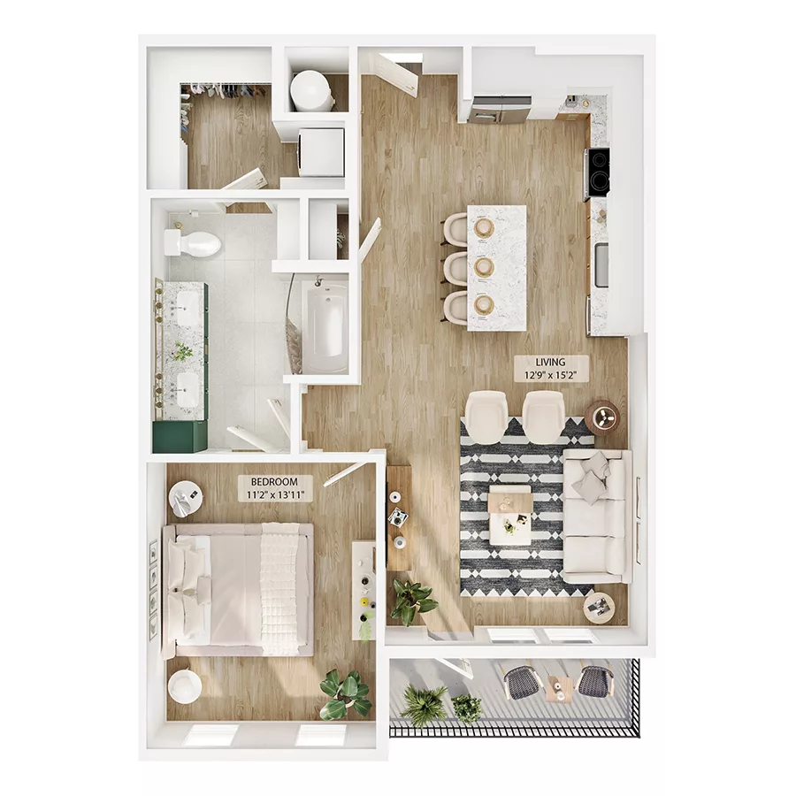 Rendering of the A5 floor plan with 1 bedroom[s] and 1 bathroom[s] at Peregrine Yardi