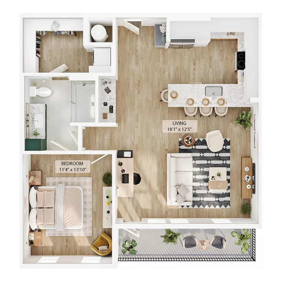 Rendering of the A10 floor plan with 1 bedroom[s] and 1 bathroom[s] at Peregrine Yardi