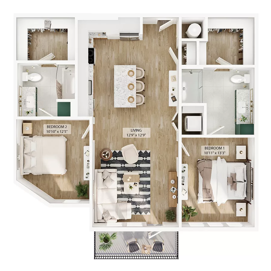 Rendering of the B2 floor plan with 2 bedroom[s] and 2 bathroom[s] at Peregrine Yardi