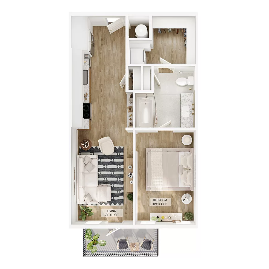 Rendering of the S1 floor plan with a Studio bedroom and 1 bathroom[s] at Peregrine Yardi