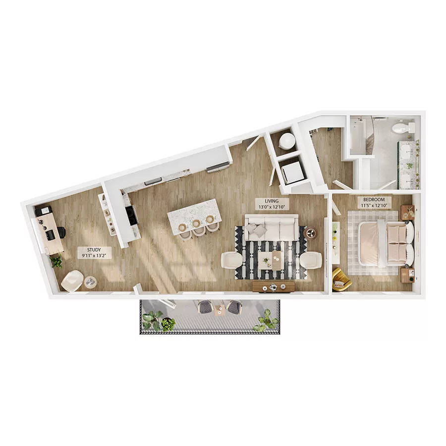 Rendering of the A16 floor plan with 1 bedroom[s] and 1 bathroom[s] at Peregrine Yardi