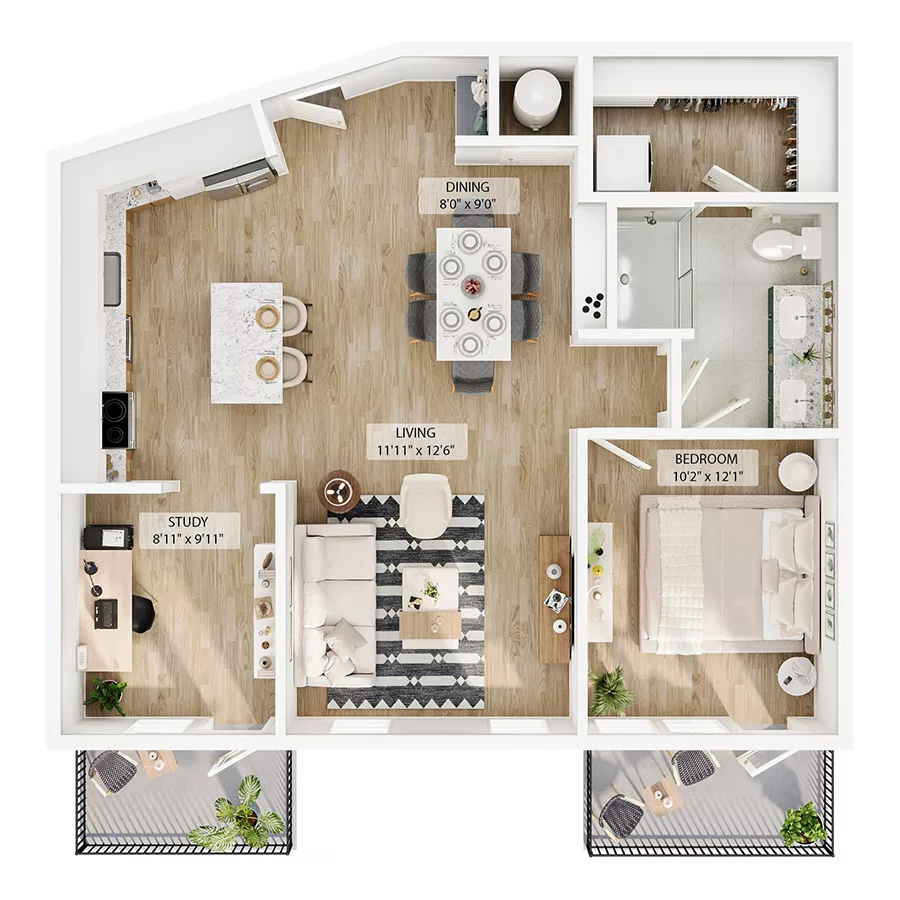 Rendering of the A15 floor plan with 1 bedroom[s] and 1 bathroom[s] at Peregrine Yardi