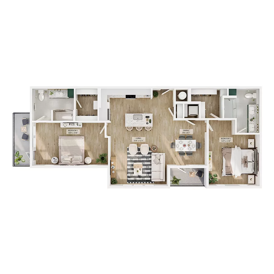 Rendering of the B10 floor plan with 2 bedroom[s] and 2 bathroom[s] at Peregrine Yardi