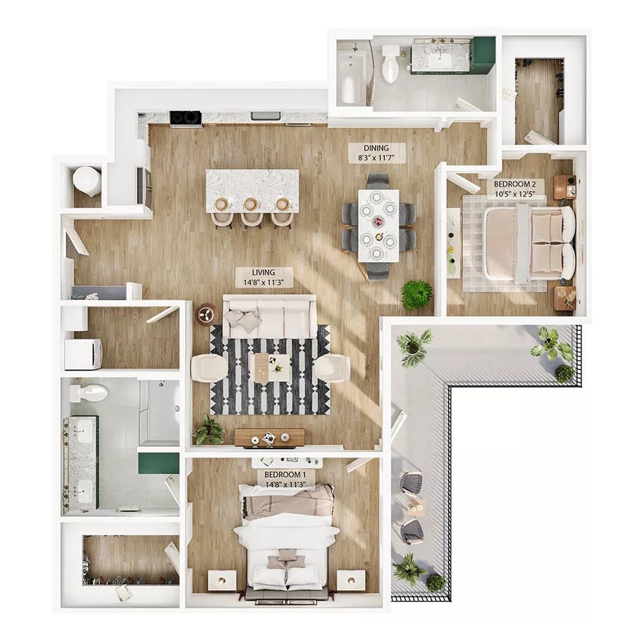 Rendering of the B12 floor plan with 2 bedroom[s] and 2 bathroom[s] at Peregrine Yardi