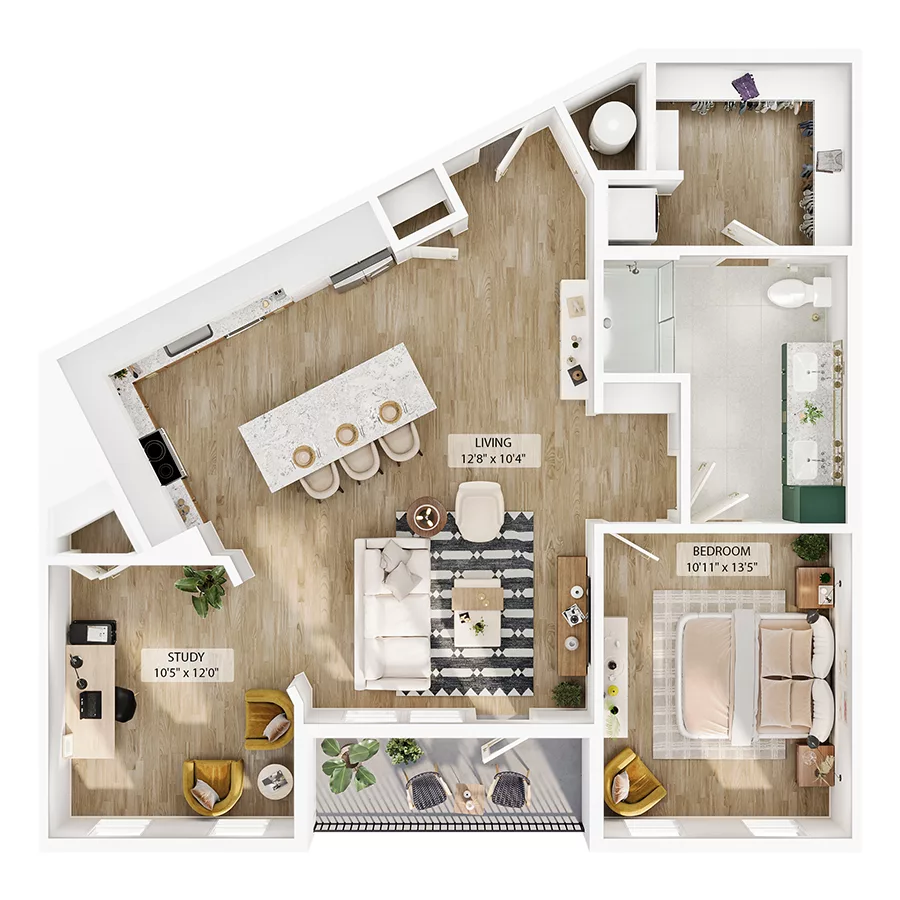 Rendering of the A19 floor plan with 1 bedroom[s] and 1 bathroom[s] at Peregrine Yardi
