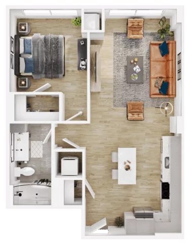 Rendering of the A26 floor plan with 1 bedroom[s] and 1 bathroom[s] at Vermeer