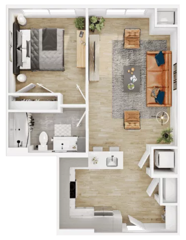 Rendering of the A16 floor plan with 1 bedroom[s] and 1 bathroom[s] at Vermeer
