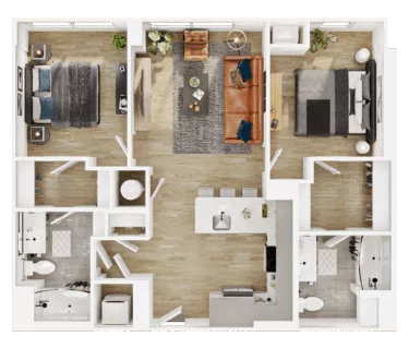 Rendering of the B6 floor plan with 2 bedroom[s] and 2 bathroom[s] at Vermeer
