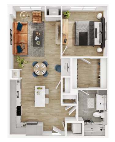 Rendering of the A36 floor plan with 1 bedroom[s] and 1 bathroom[s] at Vermeer