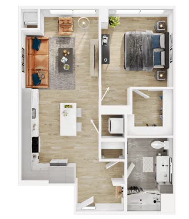 Rendering of the A28 floor plan with 1 bedroom[s] and 1 bathroom[s] at Vermeer