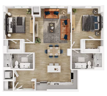 Rendering of the B13 floor plan with 2 bedroom[s] and 2 bathroom[s] at Vermeer