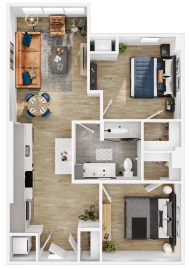 Rendering of the B3 floor plan with 2 bedroom[s] and 1 bathroom[s] at Vermeer