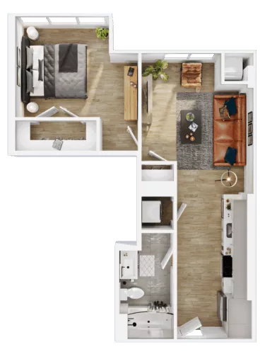 Rendering of the A7 floor plan with 1 bedroom[s] and 1 bathroom[s] at Vermeer
