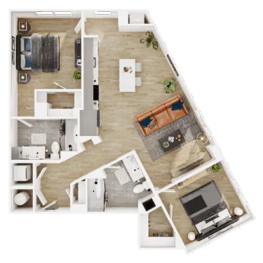Rendering of the B7 floor plan with 2 bedroom[s] and 2 bathroom[s] at Vermeer
