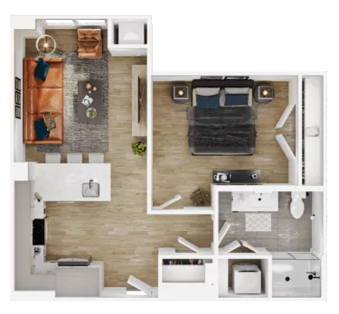 Rendering of the A6 floor plan with 1 bedroom[s] and 1 bathroom[s] at Vermeer