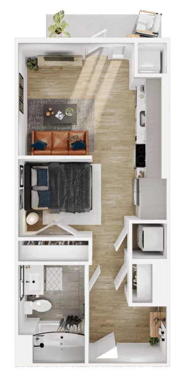 Rendering of the S2 floor plan with a Studio bedroom and 1 bathroom[s] at Vermeer