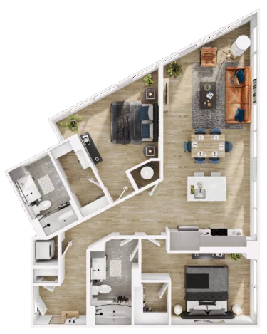 Rendering of the B15 floor plan with 2 bedroom[s] and 2 bathroom[s] at Vermeer