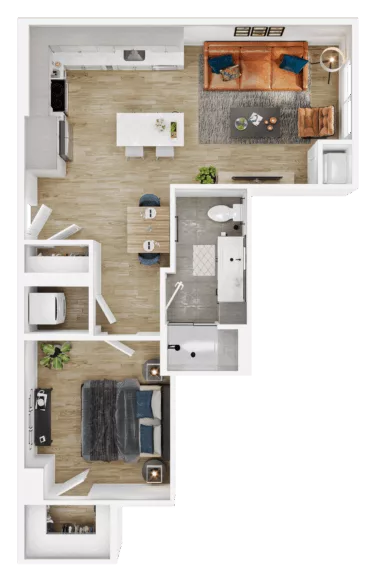 Rendering of the A22 floor plan with 1 bedroom[s] and 1 bathroom[s] at Vermeer