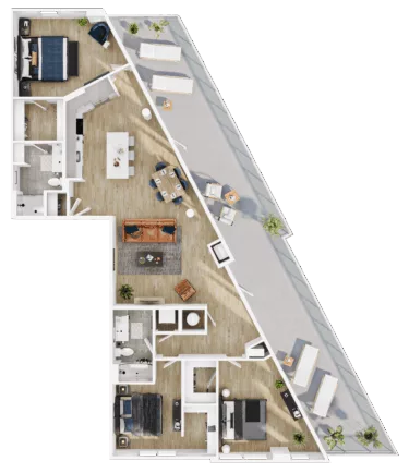 Rendering of the C5 floor plan with 3 bedroom[s] and 2 bathroom[s] at Vermeer