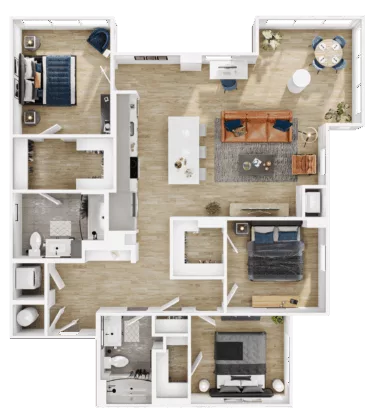 Rendering of the C4 floor plan with 3 bedroom[s] and 2 bathroom[s] at Vermeer