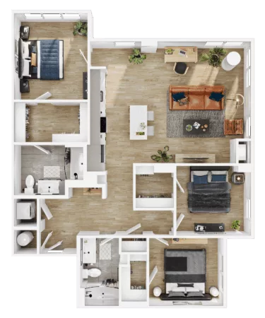 Rendering of the C2 floor plan with 3 bedroom[s] and 2 bathroom[s] at Vermeer