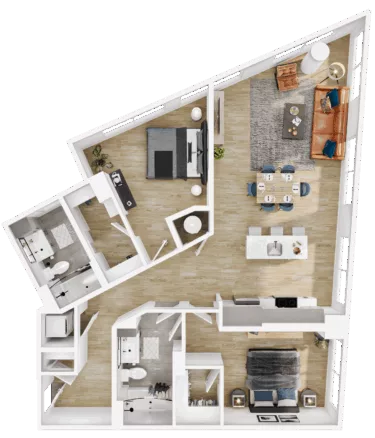 Rendering of the B19 floor plan with 2 bedroom[s] and 2 bathroom[s] at Vermeer