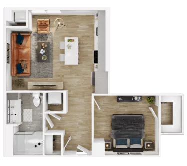 Rendering of the A15 floor plan with 1 bedroom[s] and 1 bathroom[s] at Vermeer