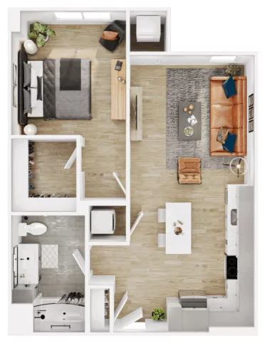 Rendering of the A30 floor plan with 1 bedroom[s] and 1 bathroom[s] at Vermeer