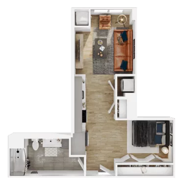 Rendering of the S5 floor plan with a Studio bedroom and 1 bathroom[s] at Vermeer