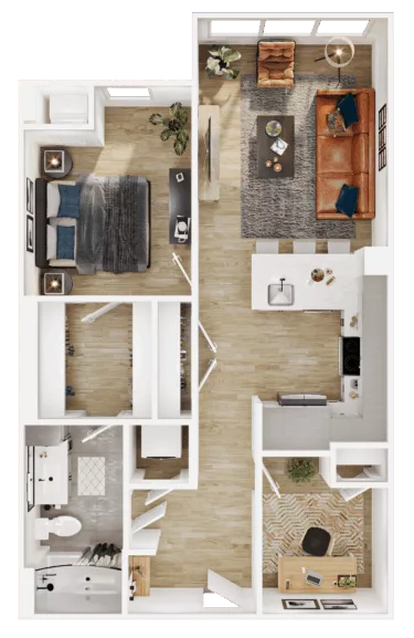 Rendering of the A1D floor plan with 1 bedroom[s] and 1 bathroom[s] at Vermeer