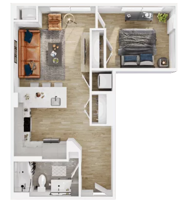 Rendering of the A9 floor plan with 1 bedroom[s] and 1 bathroom[s] at Vermeer