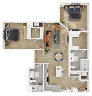 Rendering of the B18 floor plan with 2 bedroom[s] and 2 bathroom[s] at Vermeer