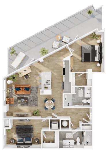 Rendering of the B14 floor plan with 2 bedroom[s] and 2 bathroom[s] at Vermeer