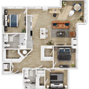 Rendering of the C3 floor plan with 3 bedroom[s] and 2 bathroom[s] at Vermeer
