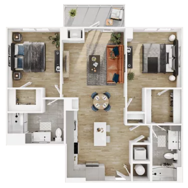 Rendering of the B8 floor plan with 2 bedroom[s] and 2 bathroom[s] at Vermeer