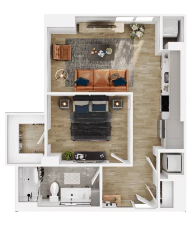 Rendering of the A3 floor plan with 1 bedroom[s] and 1 bathroom[s] at Vermeer