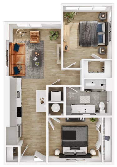 Rendering of the B4 floor plan with 2 bedroom[s] and 1 bathroom[s] at Vermeer