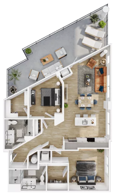Rendering of the B16 floor plan with 2 bedroom[s] and 2 bathroom[s] at Vermeer