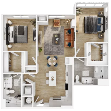 Rendering of the B12 floor plan with 2 bedroom[s] and 2 bathroom[s] at Vermeer