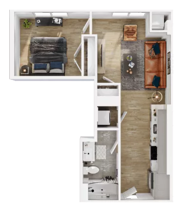 Rendering of the A1 floor plan with 1 bedroom[s] and 1 bathroom[s] at Vermeer