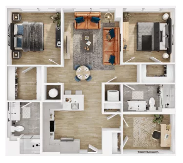 Rendering of the B2D floor plan with 2 bedroom[s] and 2 bathroom[s] at Vermeer