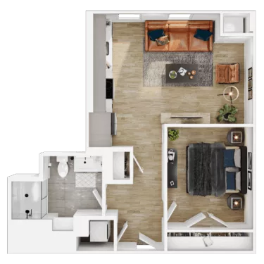 Rendering of the A8 floor plan with 1 bedroom[s] and 1 bathroom[s] at Vermeer