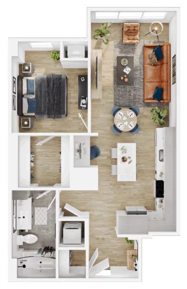 Rendering of the A24 floor plan with 1 bedroom[s] and 1 bathroom[s] at Vermeer