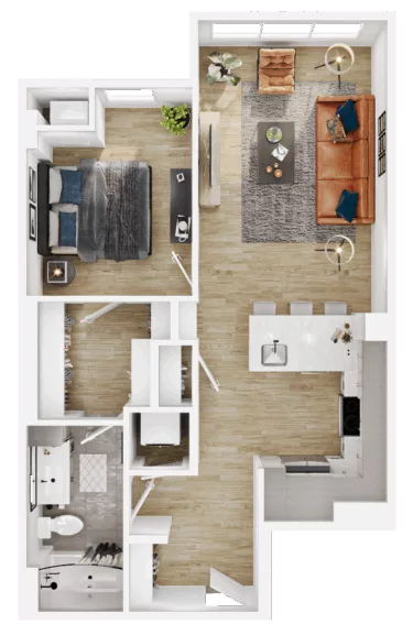 Rendering of the A23 floor plan with 1 bedroom[s] and 1 bathroom[s] at Vermeer