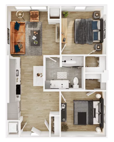 Rendering of the B1 floor plan with 2 bedroom[s] and 1 bathroom[s] at Vermeer