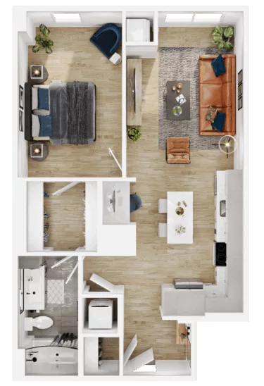 Rendering of the A13 floor plan with 1 bedroom[s] and 1 bathroom[s] at Vermeer