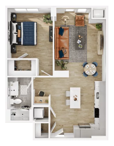 Rendering of the A33 floor plan with 1 bedroom[s] and 1 bathroom[s] at Vermeer