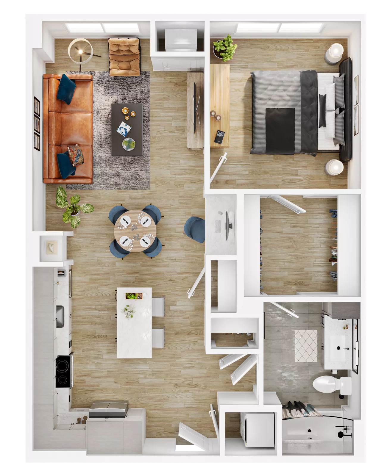3D floor plan of modern one-bedroom apartment with open kitchen and living area